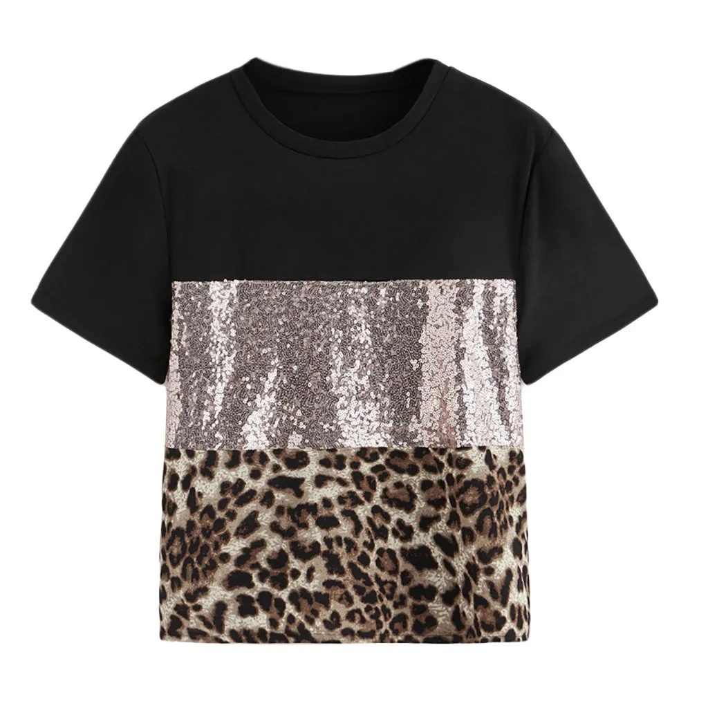Модная женская Повседневная футболка Pacthwork с леопардовым принтом и блестками с круглым вырезом - Цвет: Black