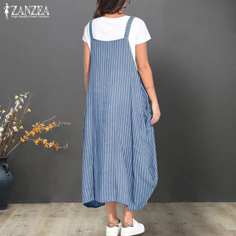 Plus Size Striped Overalls Dress Women's Summer Dresses ZANZEA Tank Vestidos Female Strappy Robe Femme Suspenders Vestido