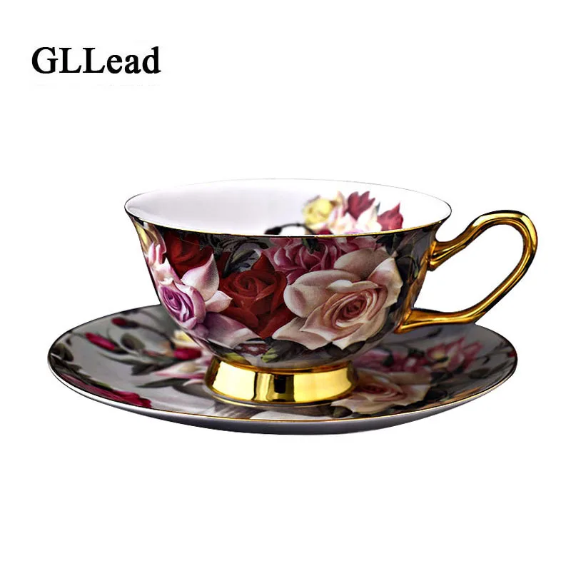 Креативная кофейная чашка GLLead из костяного фарфора с розовым цветком и блюдцем