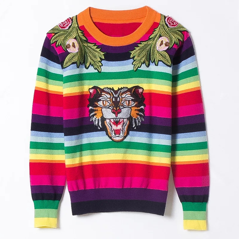 Tiger head embroidery striped elastic knit sweater 2018 new women autumn winter pullovers sweater