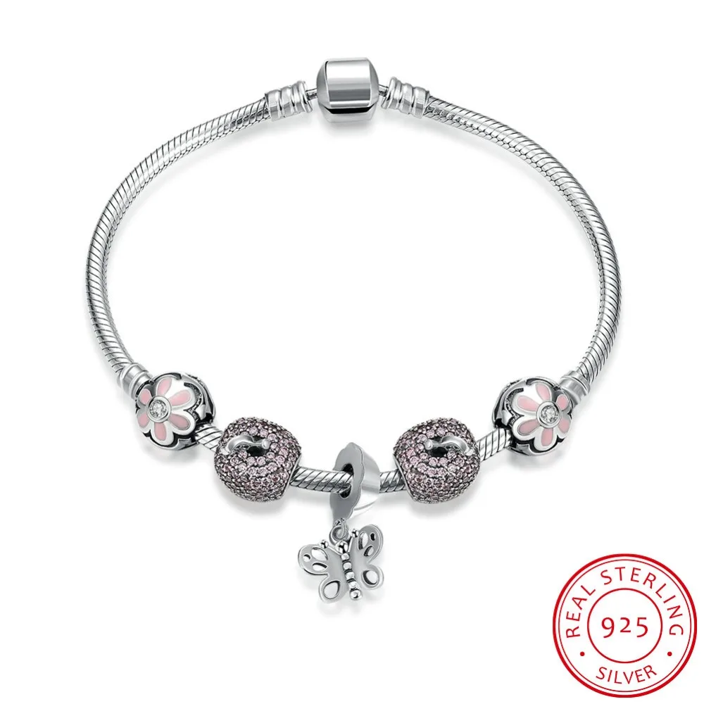 

100% 925 Sterling Silver Bracelets for Women 2016, Inlaid Jewelry Bead Bracelet Bangles with Butterfly Charm Bracelet Femme