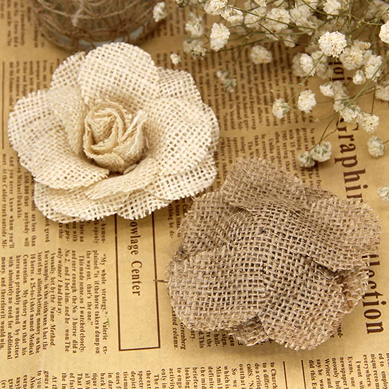 9cm Handmade Jute Hessian Burlap Flowers Diy Rose Shabby Chic