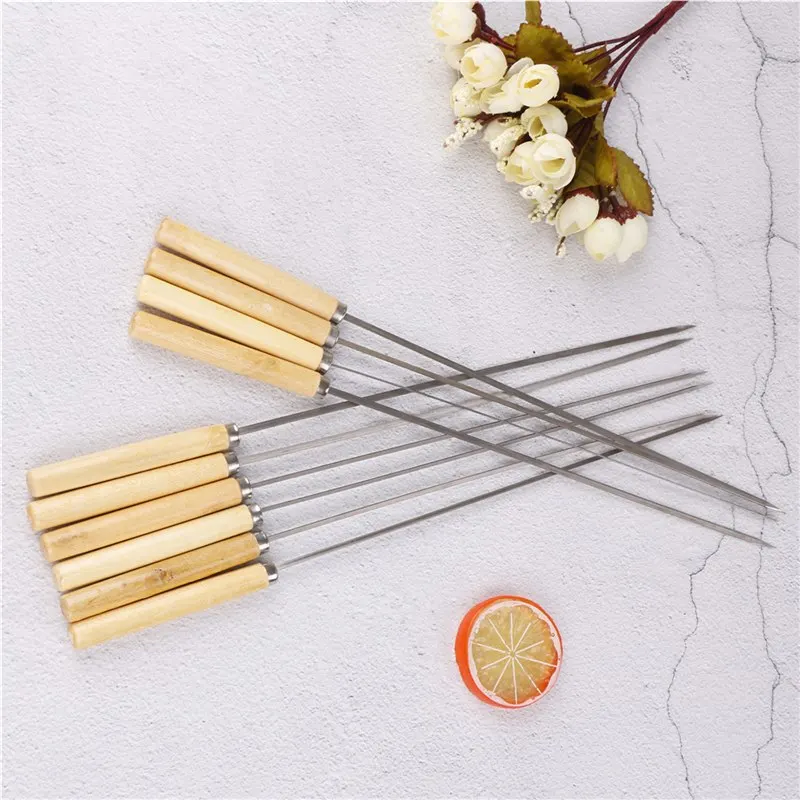 10PCS/lot 35CM BBQ Skewers Hot Handle With Handle Barbecue Needle Wood Stainless Steel Flattened