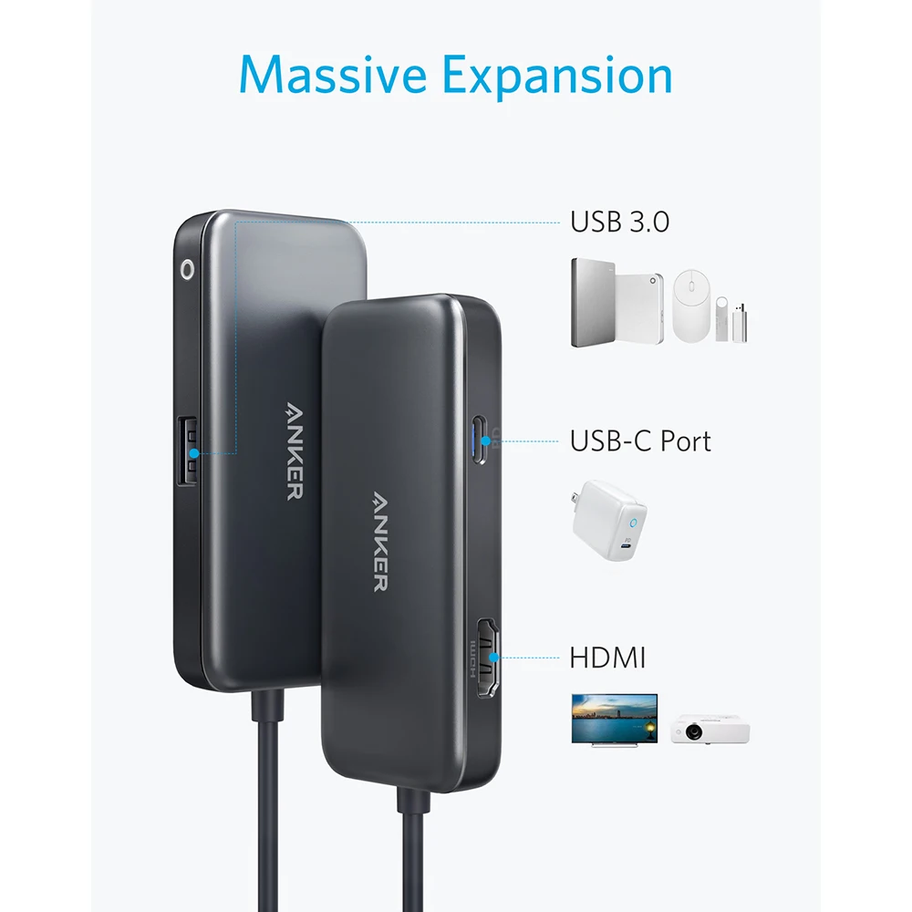 Anker USB C концентратор, 3-в-1 Тип C концентратор, 4K кабель-Переходник USB C на HDMI адаптер, USB 3,0, 60 Вт Мощность доставки зарядки Порты и разъёмы для MacBook Pro и другие