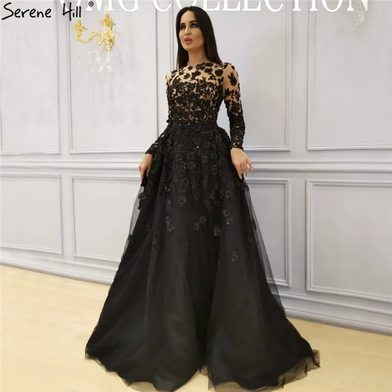 Мусульманские черные вечерние платья с длинными рукавами и кристаллами, вечерние платья с круглым вырезом и цветами ручной работы, Serene hilm LA70007