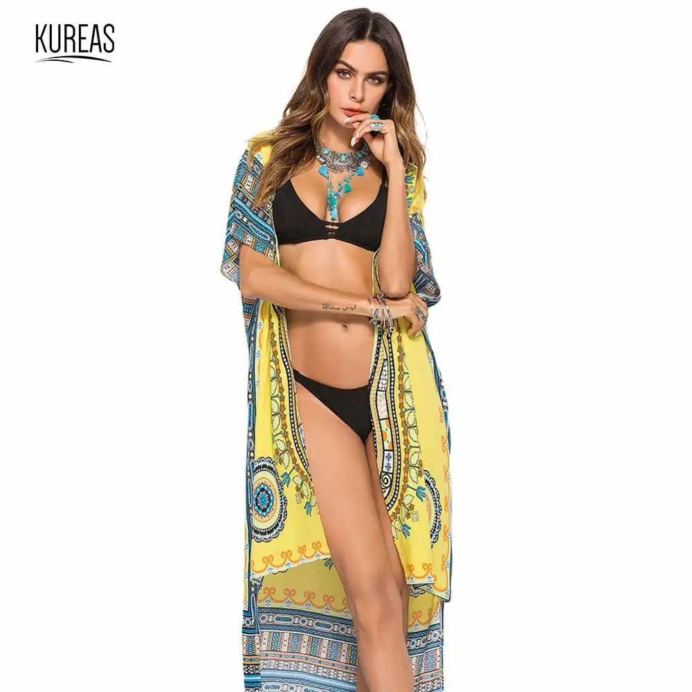 Kureas Дашики пляжное платье Национальный принт кардиган Африканский Vestido халат макси платья кимоно накидка пляжная одежда праздничная одежда - Цвет: Цвет: желтый