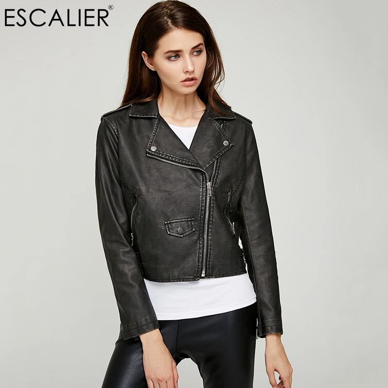 

ESCALIEA Women Leather PU Jacket Coat Turn-down Collar Motorcycle Jacket Short Winter Jacket 2017 Elegant Women Outwear