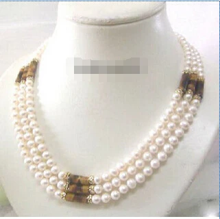 

FREE SHIPPING3 Rows Genuine White Pearl Tigereye Opal 18KGP Crystal Clasp Necklace