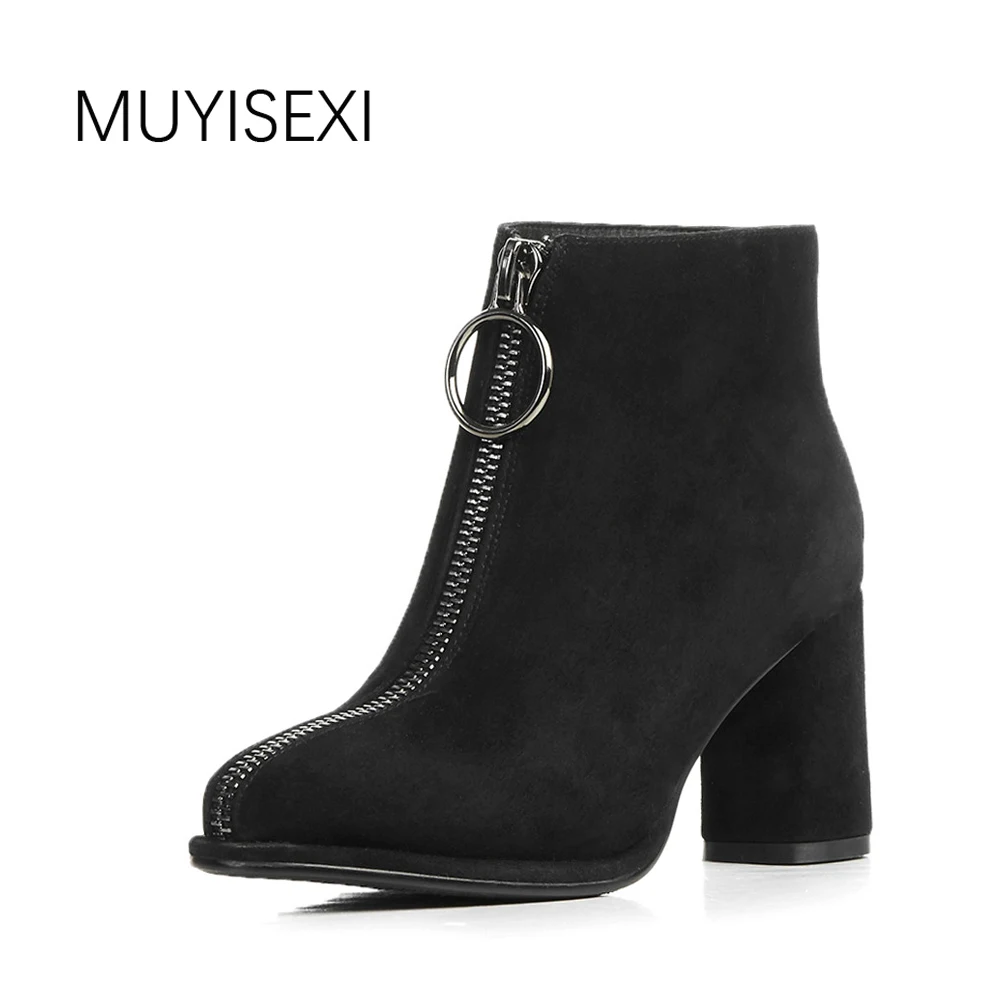 Acheter Bottines Fermeture Éclair Femmes botas En Cuir Véritable Daim Hiver Automne chaussures 7 cm Talons Carrés Gris Noir Grande taille GN01 MUYISEXI