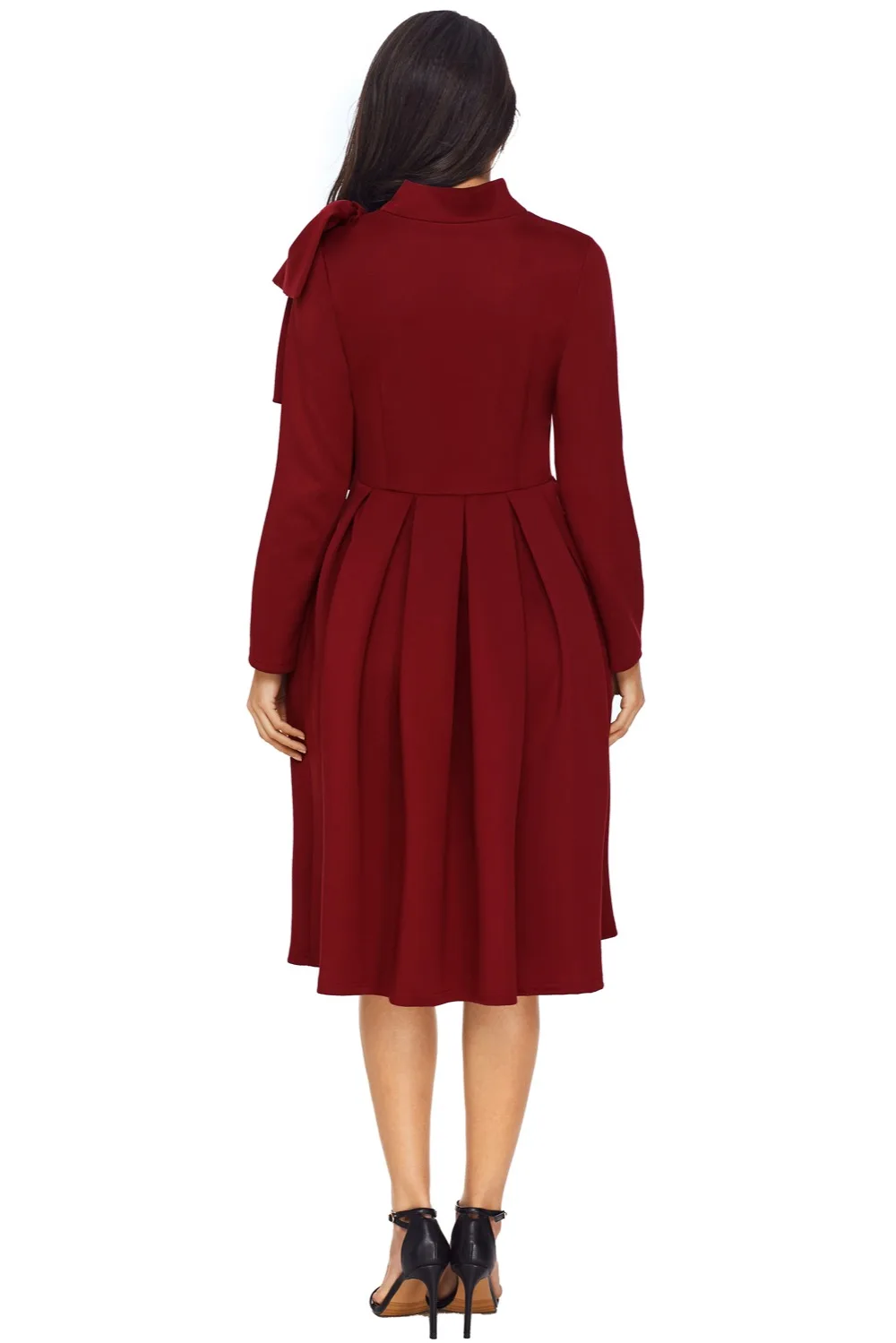 Burgundy-Bowknot-Embellished-Mock-Neck-Pocket-Dress-LC61832-3-2