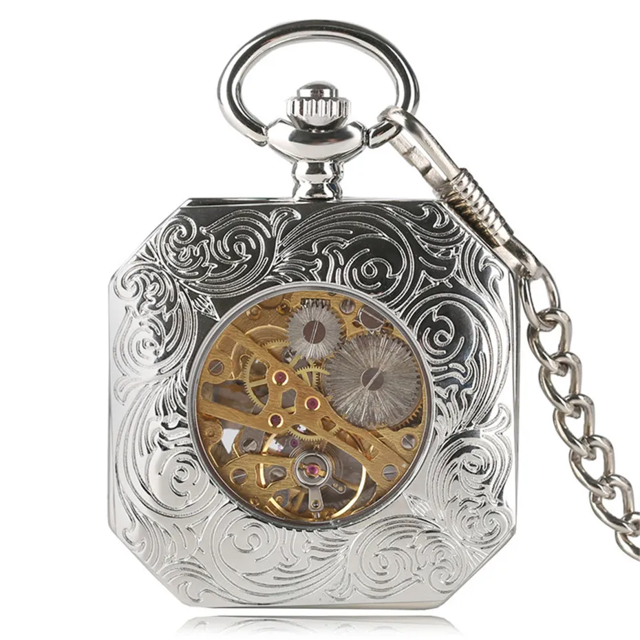 Cool Three Tiger Silver Pendant Pocket Watch Mechanical Watches Analog Retro Roman Number Irregular Hollow Mens Reloj (9)