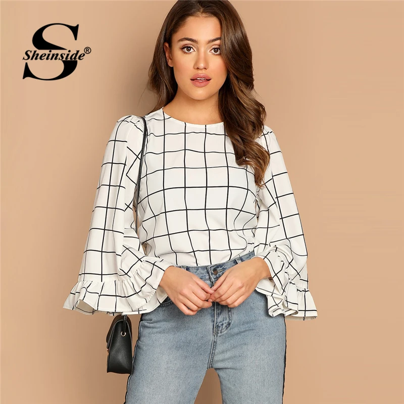 

Sheinside Keyhole Back Ruffle Trim White Plaid Blouse Women Flounce Sleeve Top 2019 Long Sleeve Tops For Womens Elegant Blouses