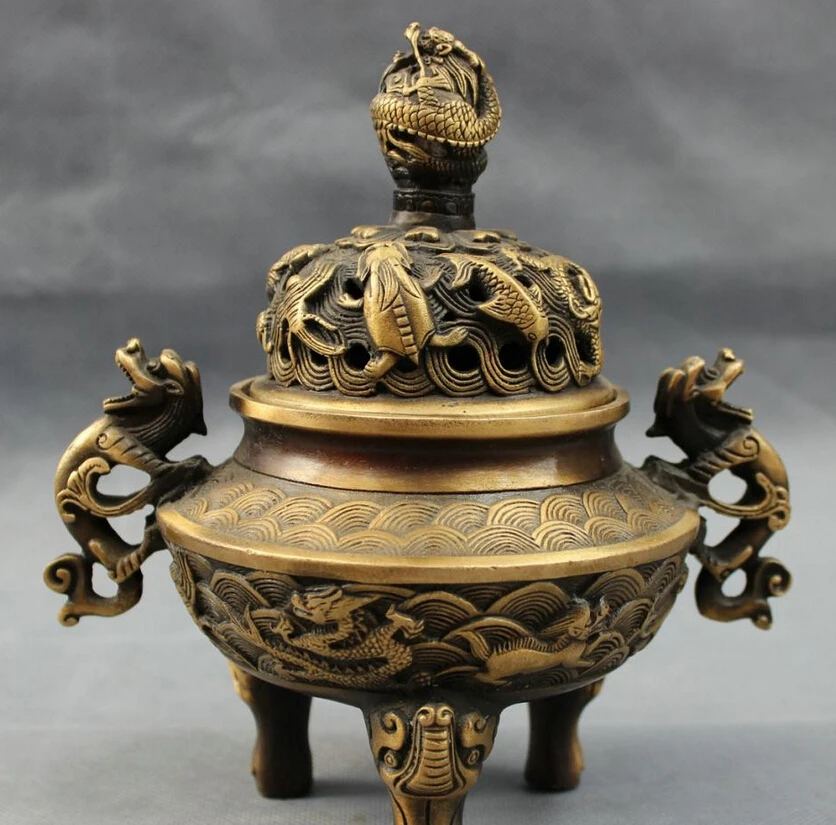 

song voge gem S3841 8" Tibet Bronze Buddhism Wealth Dragon Fish Head Statue Incense Burner Censer