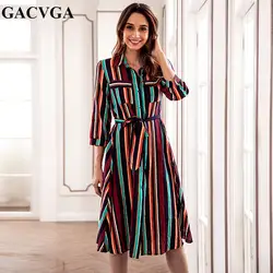 GACVGA 2019 осеннее платье с поясом женское длинное Полосатое бохо платье-рубашка хлопок повседневное летнее пляжное платье Винтаж Vestido