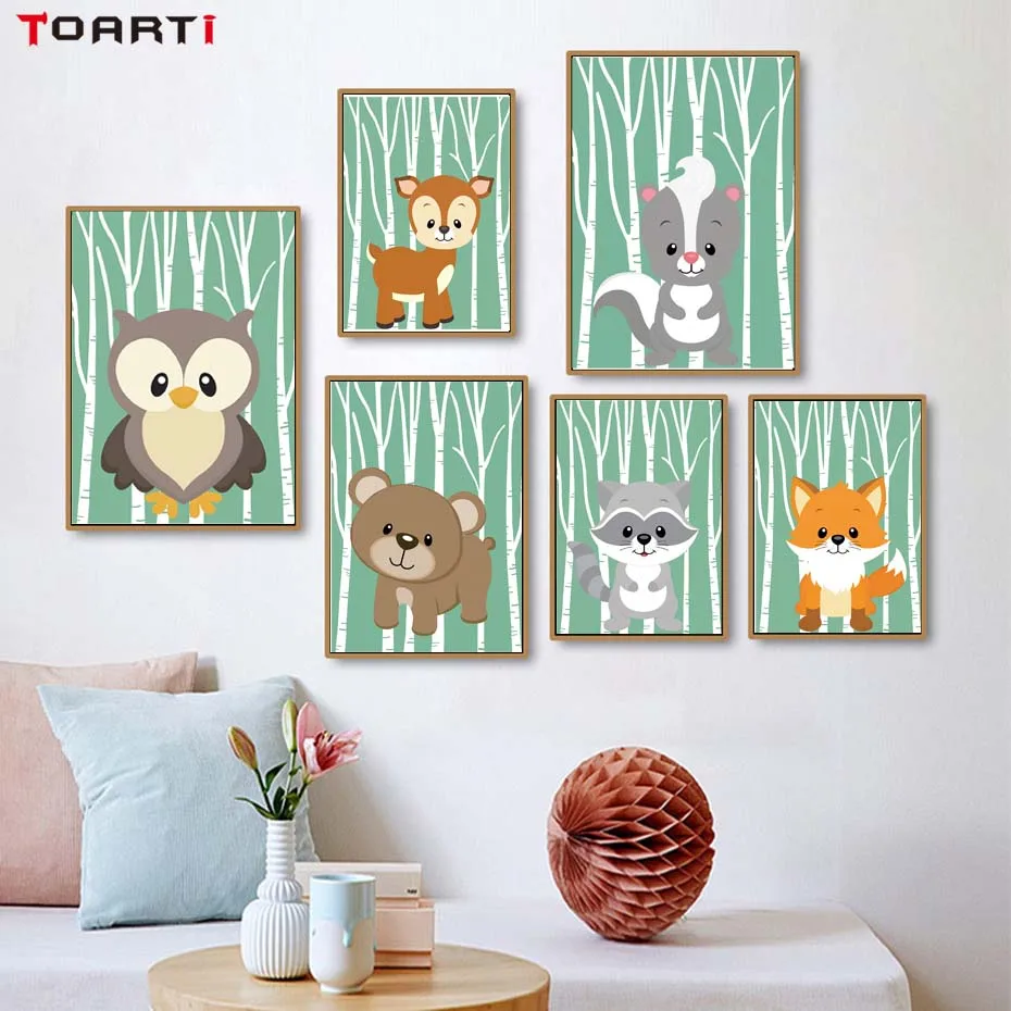 

Cartoon Animal Print Green Woodland Squirrel Art Poster Canvas Painting For Kid Bedroom Modern Wall Picture Home Decor Christmas