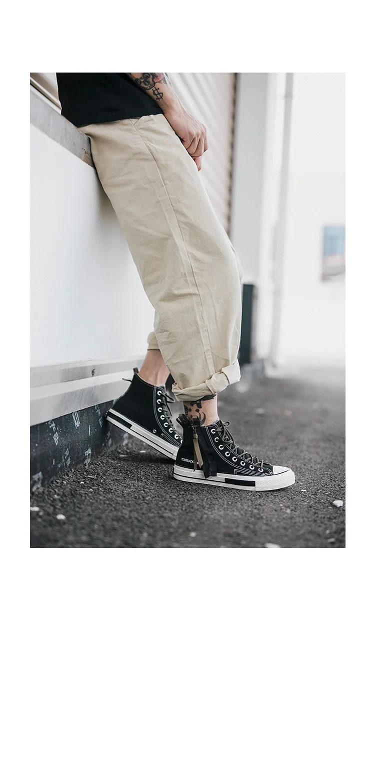 Men High Top Canvas Shoes Lace-up Sneakers Unisex Casual Shoes with Side Zipper Classic Retro Style Black High Quality Female