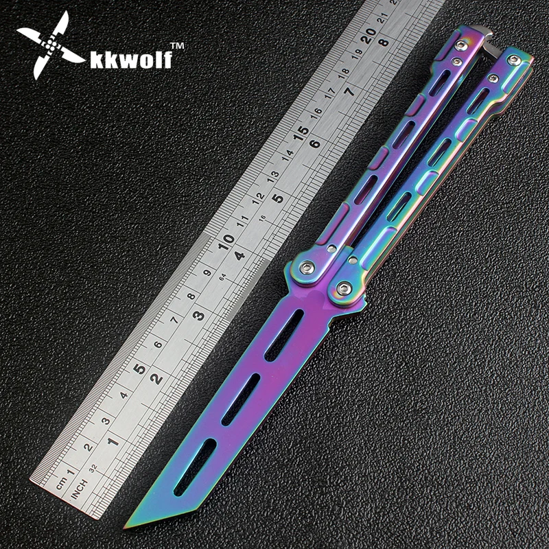 

KKWOLF Colorful Rainbow Practice Knife Steel butterfly Trainer Training Knife Dull Cool Sport Tool Folding knife is not sharp