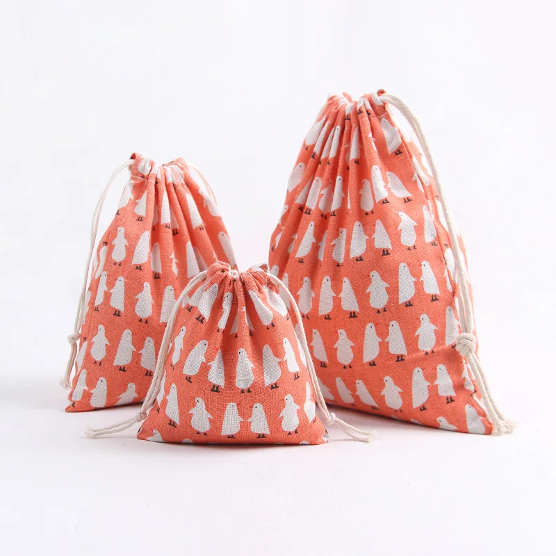 

YILE Cotton Linen Drawstering Cosmetic Bag Pouch Multi-purpose Bag Print Penguin Size-choosing Party Gift Bag N8220