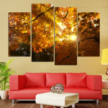 

Modern Poster Modular Picture Decoration 4 Panel Sunlight Leaves Painting Canvas Art Framework Wall For Living Room