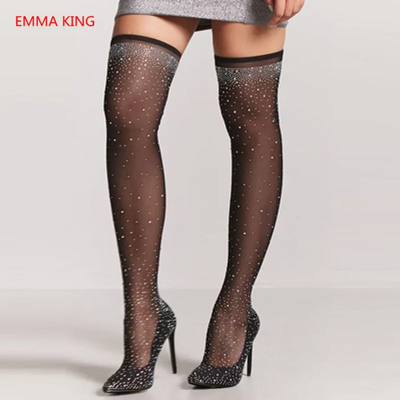 

Black Lace Over The Knee Socking Boots Pointed Toe Pumps Sexy Women's High Heels 2018 Stretch Spring Autumn Thigh High Boots