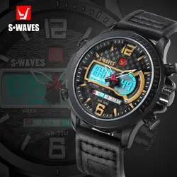 Бренд SWAVES двойной Дисплей часы кварцевые Для мужчин Waches Спорт Водонепроницаемый ЖК-дисплей Цифровые наручные часы кожаный ремешок Часы