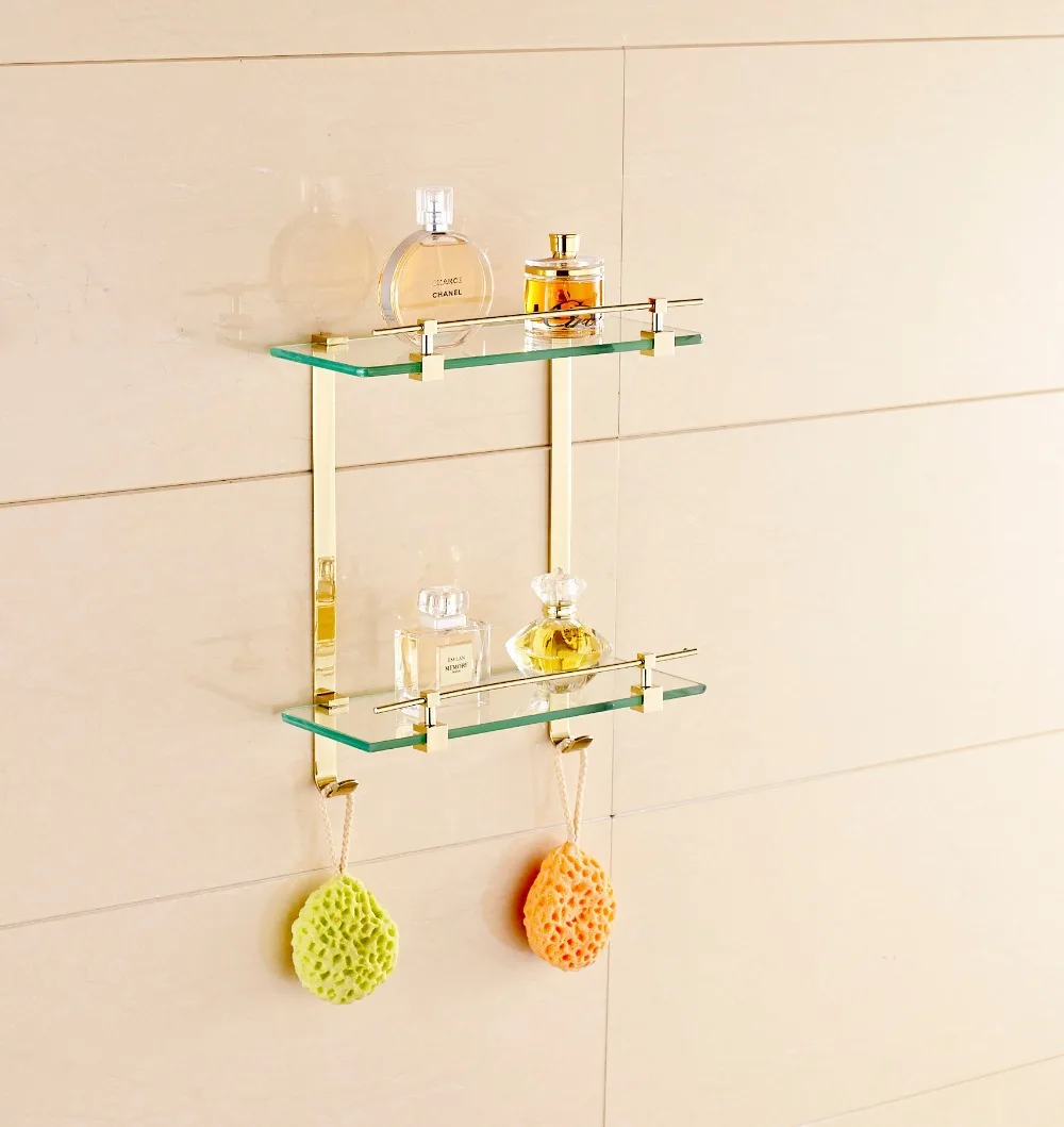 NEW Bathroom Gold Finish Glass Shelf Shower Caddy Storage Dual Tiers