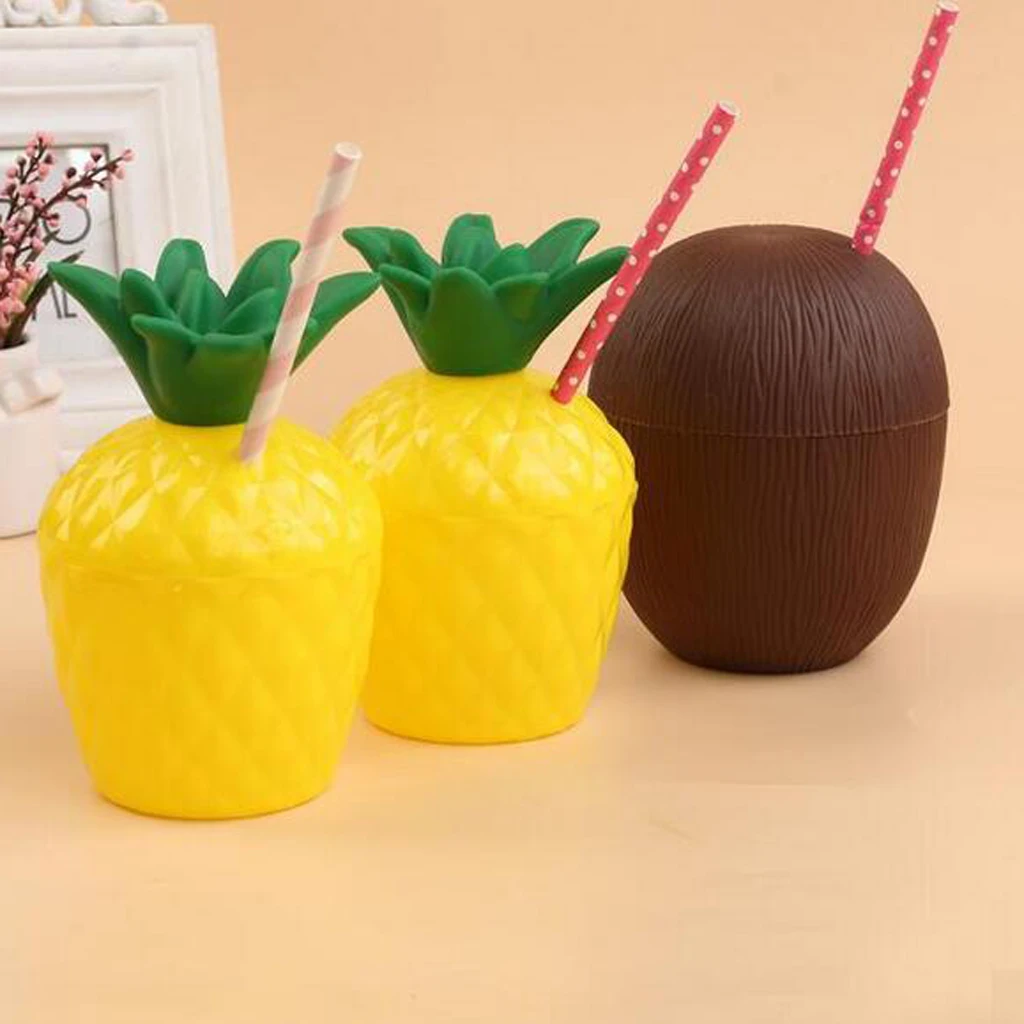 

Pack of 12 Hawaiian Fruit Coconut Pineapple Drink Cup Straw Summer Aloha Luau Beach Party Decor