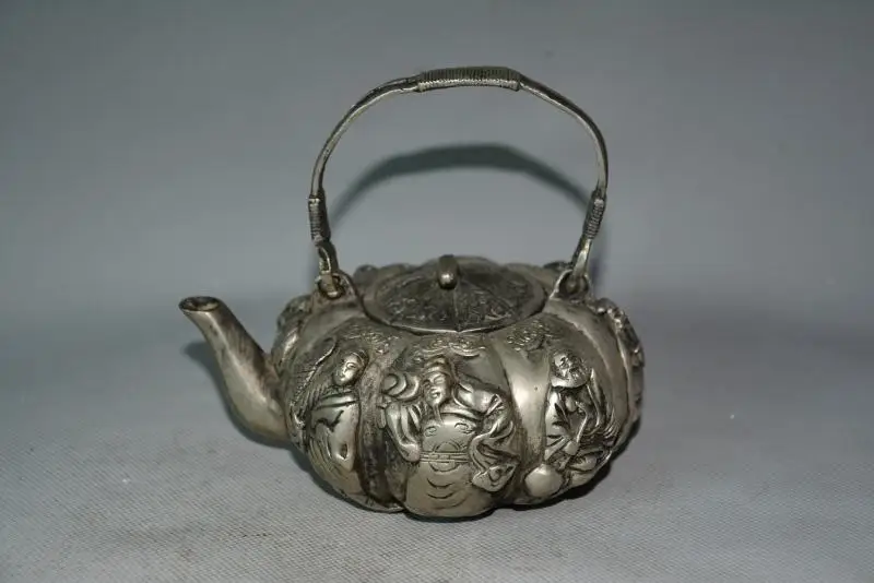 

Rare Old Qing Dynasty silver teapot,8 Fairy, with mark, Free shipping