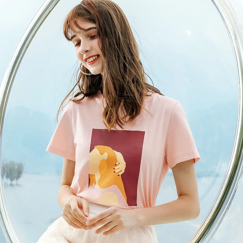 

Wasteheart Summer Fashion Women Tops Casual White T-shirts Shirt O-Neck Short Plus Size T Shirt Pink Cotton Sexy Tees Print