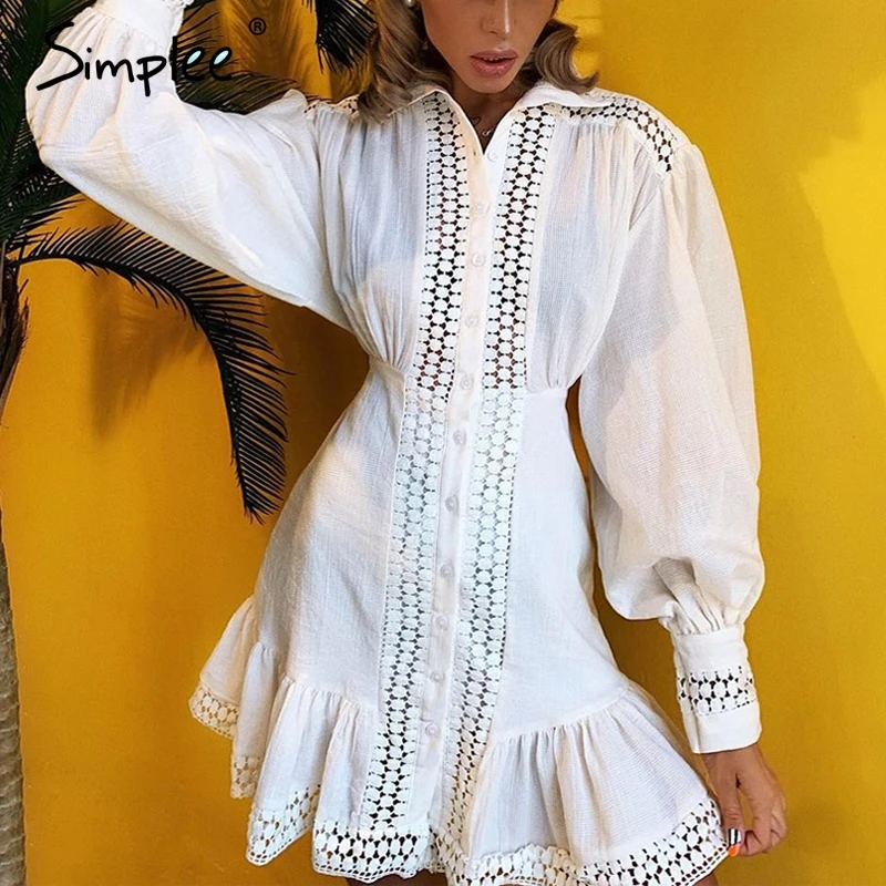 

Charm Elegant cotton lace women dress Long lantern sleeve ruffle A-line white short dress Hollow out party winter dresses 2019