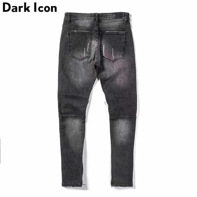 DARK ICON Pleated on Knee Men's Jeans High Street Motorcycle Denim Pants Men Full Length