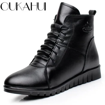 

OUKAHUI Genuine Leather Winter Boots Women Warm With Fleeces Soft Flat Heel Ankle Boots For Women Winter Shoes Lace-Up Boots New
