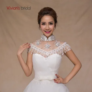 

Vivian's Bride White Wedding Dress Shawl Elegant Applique Drill Women Wedding Accessories Fashion Yarn Tassels Shawl Bridal Cape