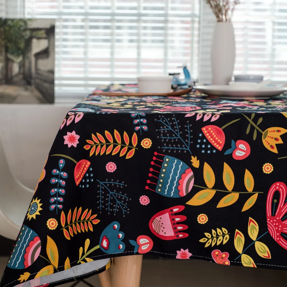 New European style high end tablecloths black retro flowers cotton