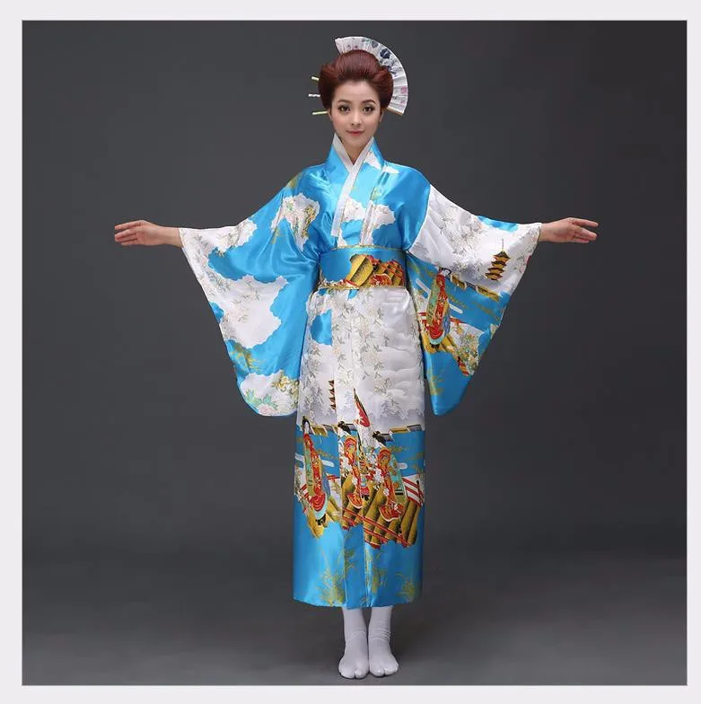 Модные женские цветочные кимоно сексуальные романтические юката с Obi винтажные вечерние платья японский косплей костюм один размер - Цвет: lake blue