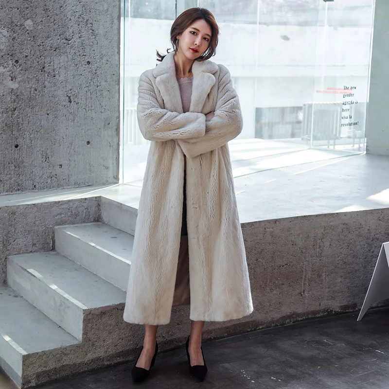 Real  Mink Fur Slim 120cm Female Coat and Autumn Winter  Porpular Mink fur Thick Warm Jacket