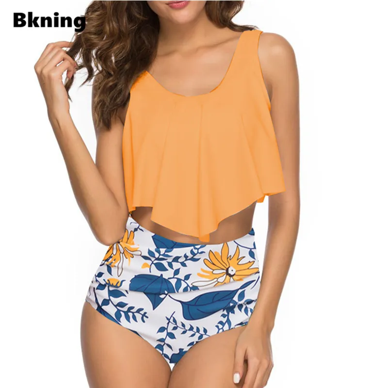 

Ruffle Yellow Bikini 2019 Plus Size Bathing Suits Women Swimwear High Waisted Bikiny Strappy Lotus Tankini Floral Print XXXL XXL