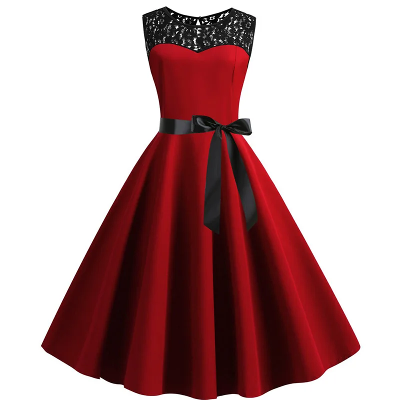 Red Elegant Party Dress Women Summer Lace Vintage Dress Vestidos 50s 60s Rockabilly Swing Dress Casual Plus Size Midi Dresses