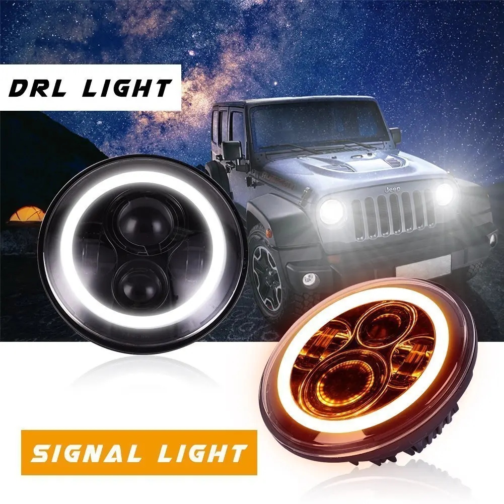 

1PC 7 Inch 75W Led Headlight H4 H13 Round Shape 7'' Headlights With Yellow & Amber Angel Eyes For Offroad Jeep Wrangler Bike J30