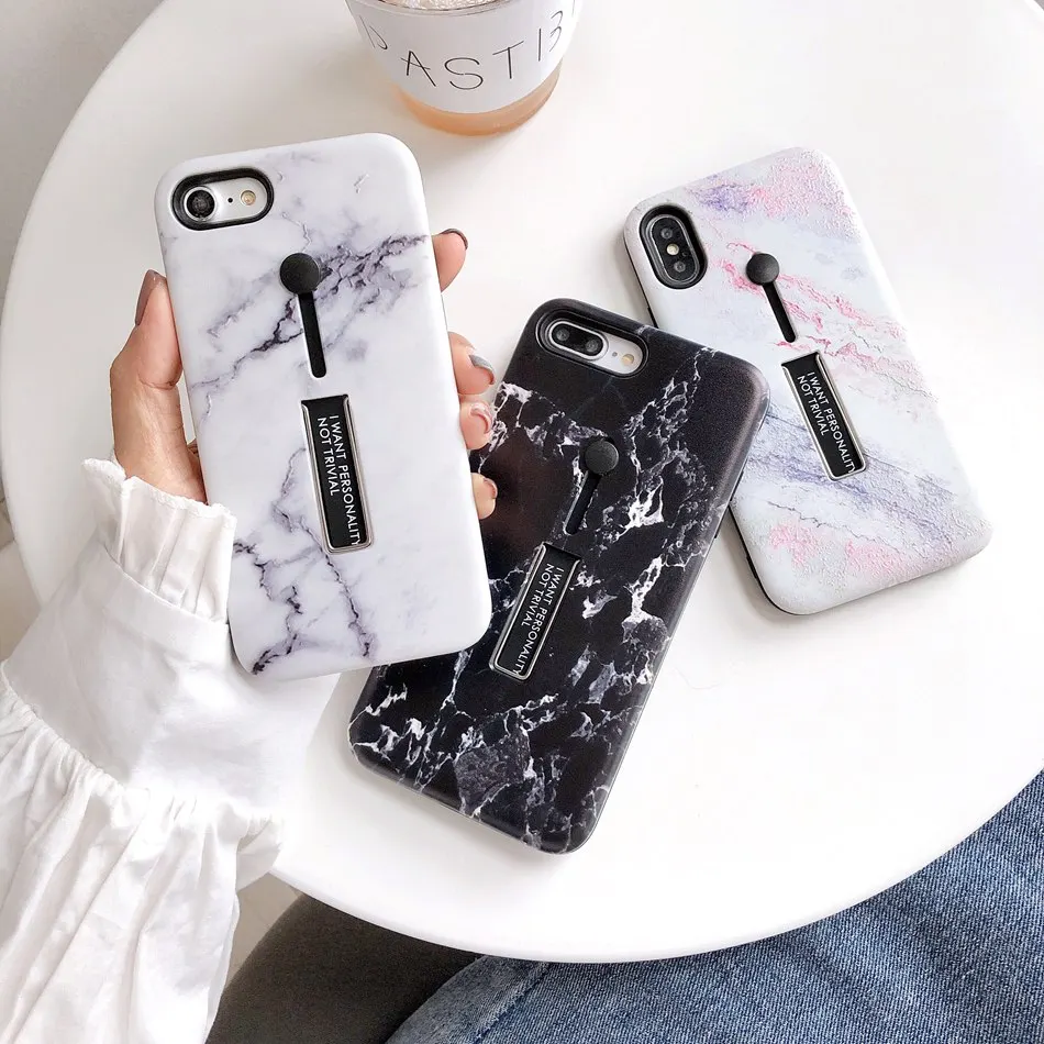 

For iPhone X XR XS Max Fashion Marble Silicone Loop Mobile Phone Case For iPhone 7 6s 8 Plus Case Hide Stand Holder Cover