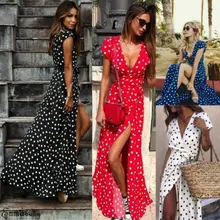 Women Wrap Summer Boho Polka Dot Maxi Dress Casual Ladies Short Sleeve V Neck Holiday Beach Long Sundress Fashion Wrap Sundress