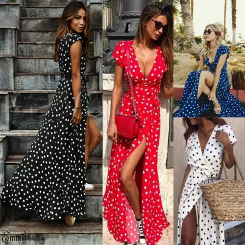 Женское летнее платье макси в горошек Boho повседневное пляжное с коротким рукавом