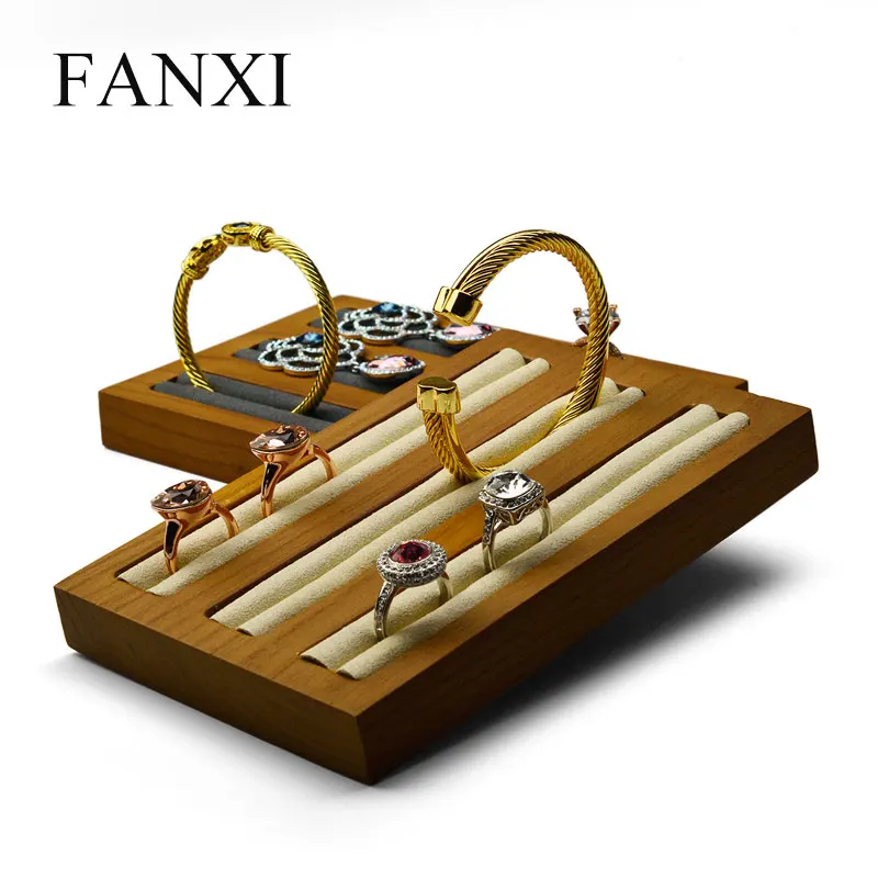 FANXI 2PcsSolid деревянная витрина для украшений 3 ряда колец Серьги Браслет держатель с микрофиброй кольцо Expositor шкатулка для украшений Органайзер