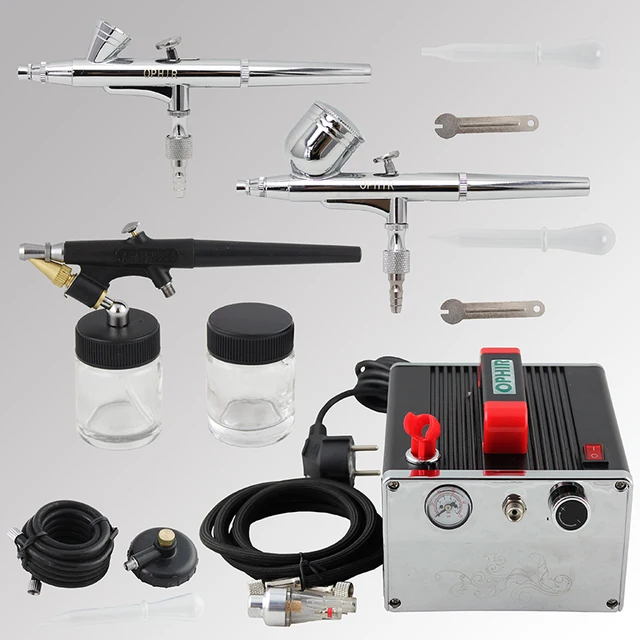 OPHIR 3 Dual Action & Single Action Airbrush Kits with Air Compressor