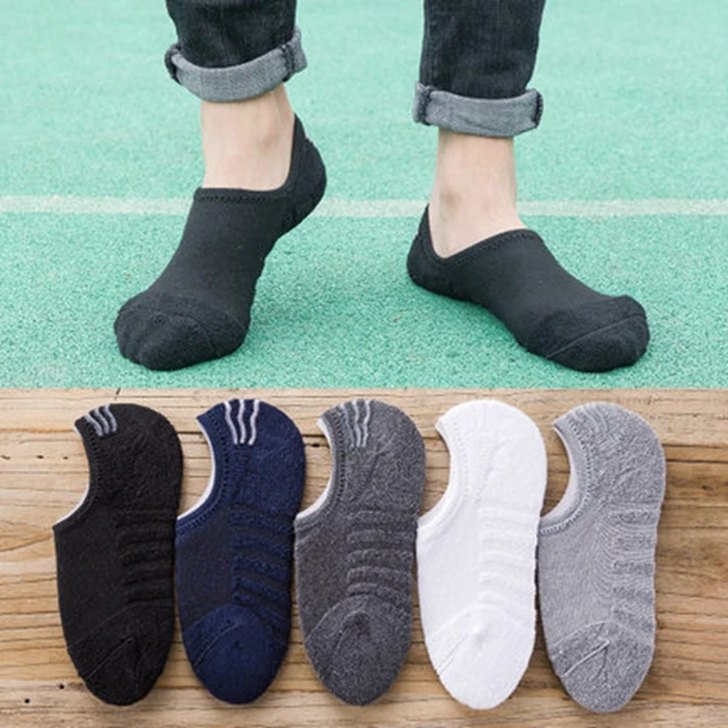 5 pairs/lot pánské móda ručník dno loď ponožky bavlna sport potu breathes silikon antikluzké neviditelná ponožky plus rozměr 41-45