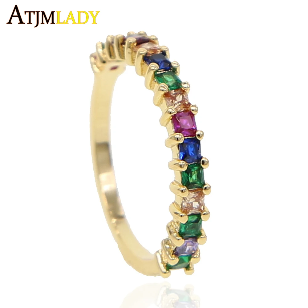 

Gold Color fashion jewelry rainbow square baguette cz engagement ring for women colorful cubic zirconia cz eternity band ring