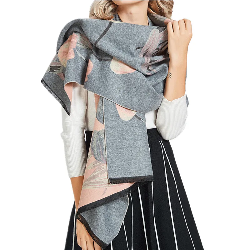 

190*70cm 35% Cashmere Women's Winter Poncho Elegant Floral Faux Wool Scarf for Women Gray Pink Women's Tippet Winter Scarf Stole