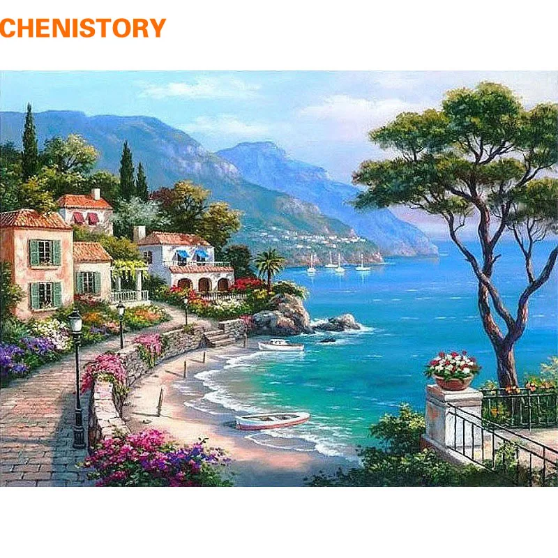 

Frameless Mediterranean Sea Landscape DIY Painting By Numbers Kits Paint On Canvas With Wooden Framed For Home Wall Deocr Gift