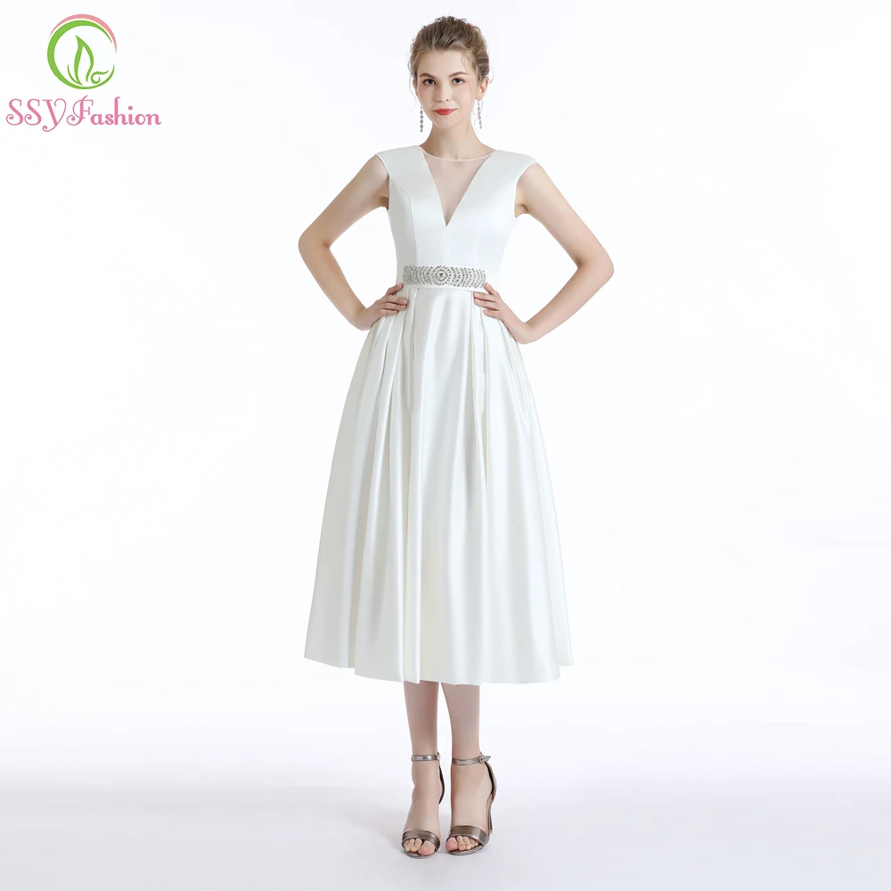 

Clearance Simple Cocktail Dresses Banquet Elegant White Satin V-neck Sleeveless Tea-length Formal Gown Robe De Soiree