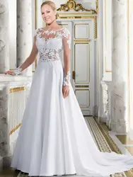 Robe mariage 2016 Белый Шифон-line Свадебные платья О-Образным Вырезом Sheer Длинным Рукавом Аппликации Из Бисера Свадебные Платья Vestido де novia